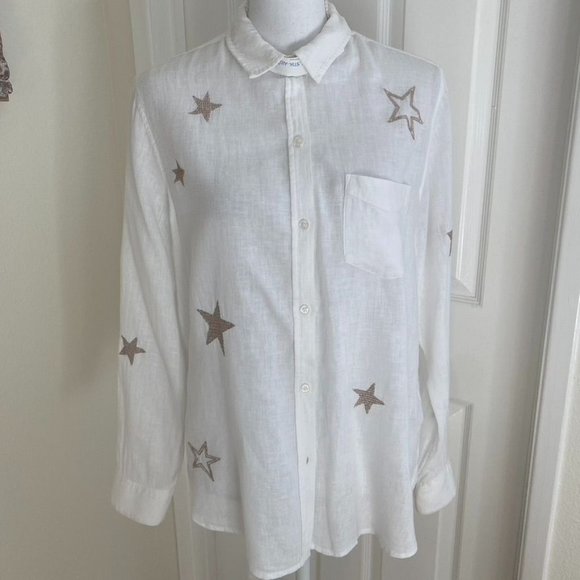 Rails Charli White Button Down Linen Rose Gold Embroidered Stars Sz Med - Picture 4 of 11
